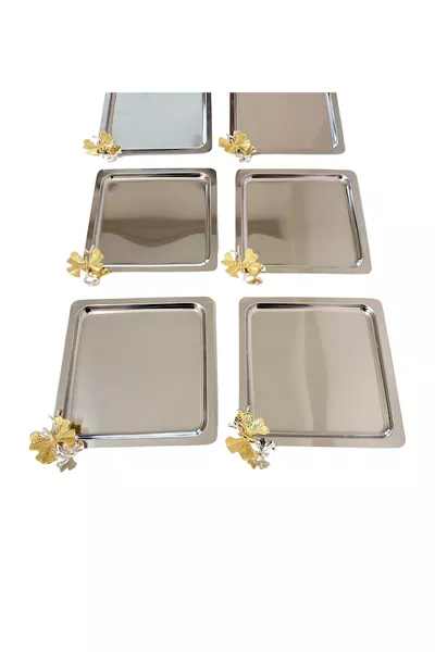 صينية تقديم قهوة فاخرة من الفضة مربعة 6 قطع | مع إكسسوارات فراشة من الفولاذ المقاوم للصدأ للقهوة والشاي والتزيين