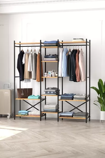-Shelf Metal Wardrobe Metal Hall Stand Open Wardrobe Clothes Cabinet Coat Rack Openix Pine