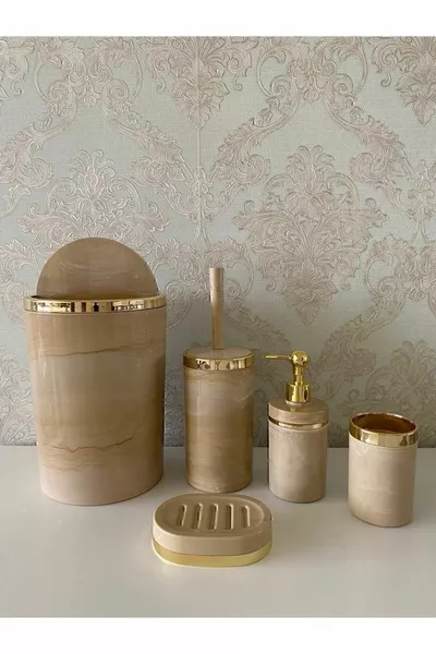 Marmerpatroon Badekamerset / Toiletborstel, Vloeibare en vaste zeepdispenser, Prullenbak, Tandenborstelhouder