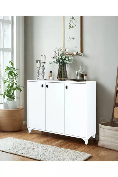 Meuble à chaussures Konak à 3 portes, armoire polyvalente à 3 portes, blanc