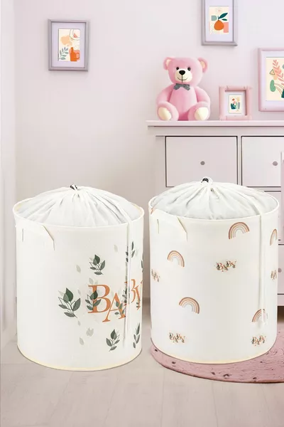 Комплект от 2 броя кутии за съхранение за детска стая с дизайн „Бебе и дъга“ - Органайзер за играчки и кош за мръсни дрехи 