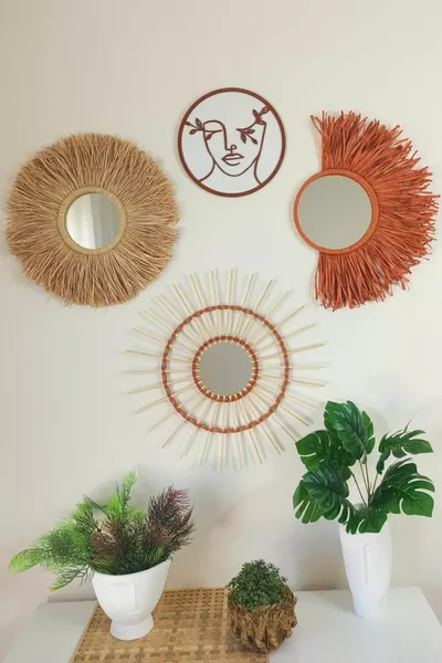 Керемиден, бохемски рафия, бамбук, огледало Комплект от 4 - Ръчно изработена естествена стенна декорация