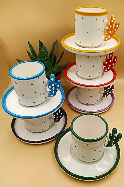 Комплект керамични чаши за турско кафе Kaktüs за 6 души,  мл - ръчно изработени - произведени в Кютахя