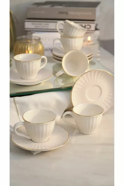  Parça 6 Kişilik SadeGül Çizgili ve Altın Yaldızlı Kahve Fincan Takımı - Kahve Fincanı Seti