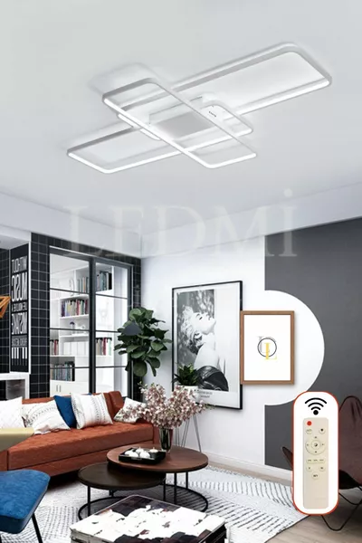 Правоъгълна бяла таванна LED полилей с висока осветеност, 3 цветни осветления, полилей с дистанционно управление, полилей за хол