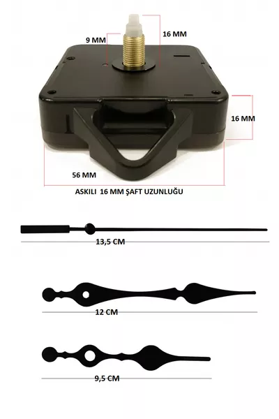 Sessiz Akar Duvar Saati Mekanizması –  Mm Şaft Askılı– Akrep Yelkovan Saniye Seti