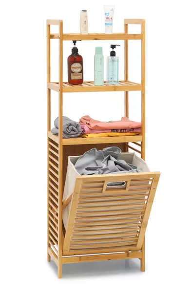 Organisateur de salle de bain multifonction à 3 étagères avec panier à linge en bambou 