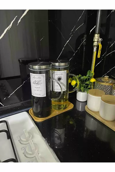 Set of 3: 2 Glass Oil Dispensers with Steel Lid and Vacuum, 1 Coaster, Oil Dispenser Label Gift