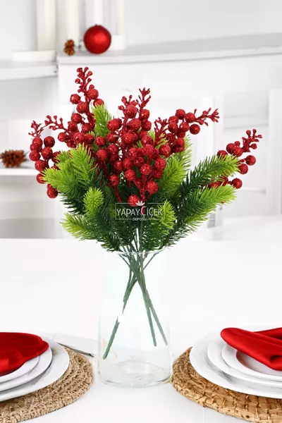 Изкуствен букет от 5 бляскави коледни шишарки с червен връх, украшение за Нова година, коледно цвете с 5 шишарки