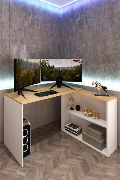 L-Schreibtisch Computer Schreibtisch mit Schrank und Bücherregal Eiche Weiß