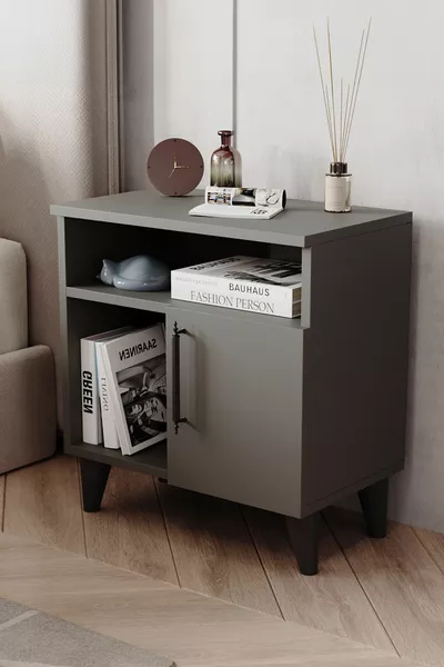 Nachtkastje met deksel en 3 vakken, antraciet