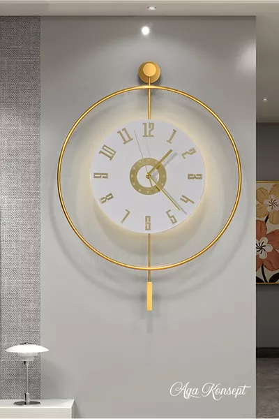 LED златен Izmir с  кристала (Голям размер  x  см), модерен декоративен метален стенен часовник с махало