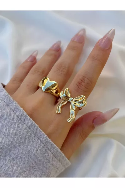Women's Gold Color Adjustable 2-Piece Bow Heart Ring