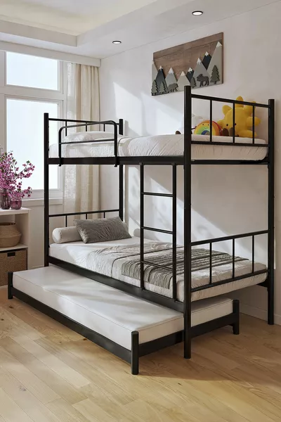 Tekno Loft Bunk Bed Compatible with Mattress, 3-Person Black Metal Bunk Bed