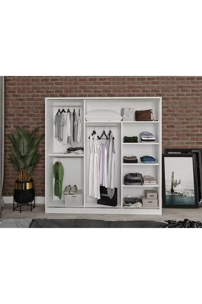 Armadio Bianco Samira in MDF con Ante Scorrevoli e Specchio, 3 Porte