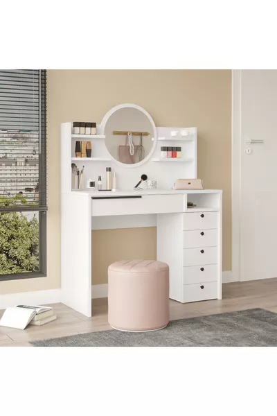 طاولة مكياج أوشن مع مرآة وخزانة أدراج ورف أبيض