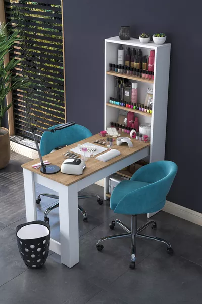 طاولة مانيكير راني مع رفوف وطاولة مكياج وسلة لون جوزي - أبيض