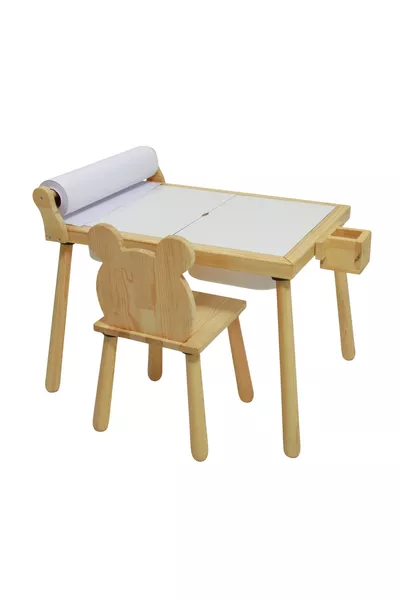 Tavolo da gioco sensoriale per bambini Joykids in legno naturale con rullo e accessori, 1 sedia a forma di orso