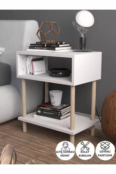 2-Shelf Modern Nightstand Bedroom Bedside Organizer Wooden Leg Side Table - White
