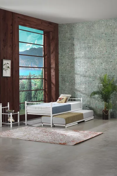 Lit en métal forgé à motifs jumelés avec tête de lit - blanc