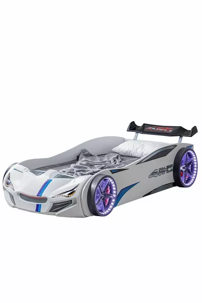 Lit voiture, Lit voiture Merso avec pare-vent et éclairage LED complet - Blanc