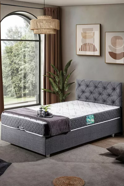 طقم سرير مريح مع قاعدة ومساند رأس مفرد، رمادي