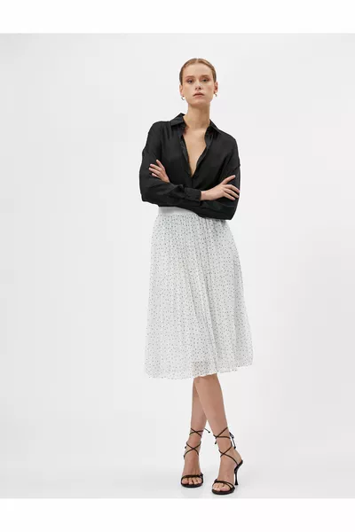 Şifon Pileli Etek Midi Boy Puantiyeli Astarlı