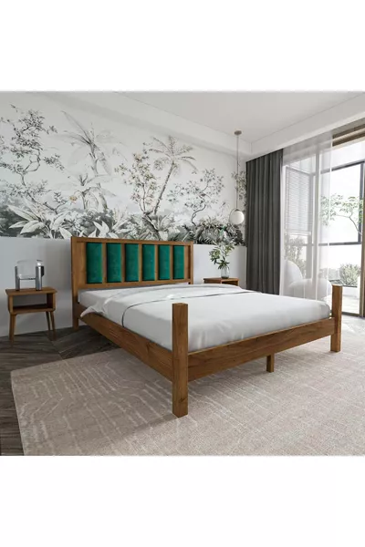 Orion Model Smaragdgroene Gewatteerde Hoofdbord Walnootkleurige Dennenhouten Bed en Twee Nachtkastjes Set