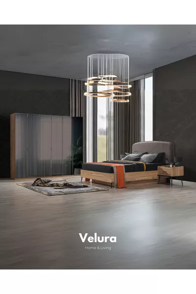 İzgi Bedroom Set (6 Glass-Door Wardrobe + Dresser + Nightstand + Bed Frame)