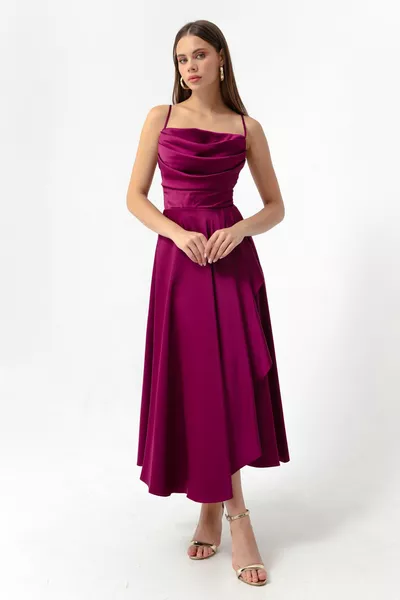 المرأة البرقوق flounce شق الساتان ميدي طول مساء اللباس والتخرج اللباس