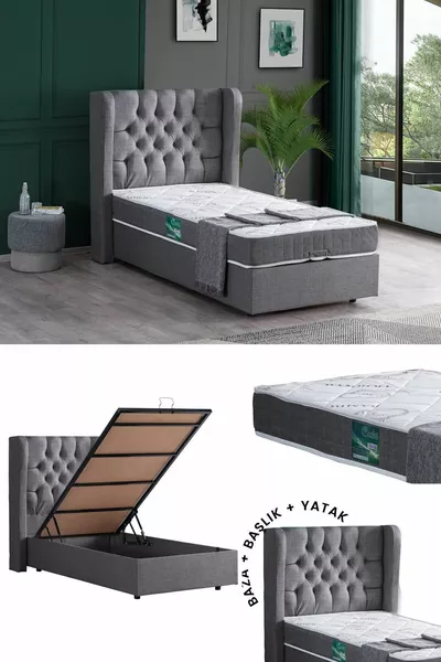 Riga Tek Kişilik Baza Başlık Comfort Yatak Seti, Gri