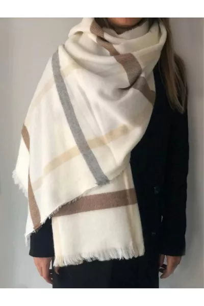 Women's White and Brown Striped Plaid Scarf