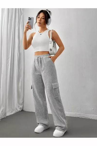 جيب البضائع فضفاضة الساق رمادي بتمشيط الرياضة بنطال رياضي