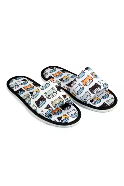 Домашни пантофи с отвор отпред, с меко ходило, с бял котешки дизайн с маска, унисекс