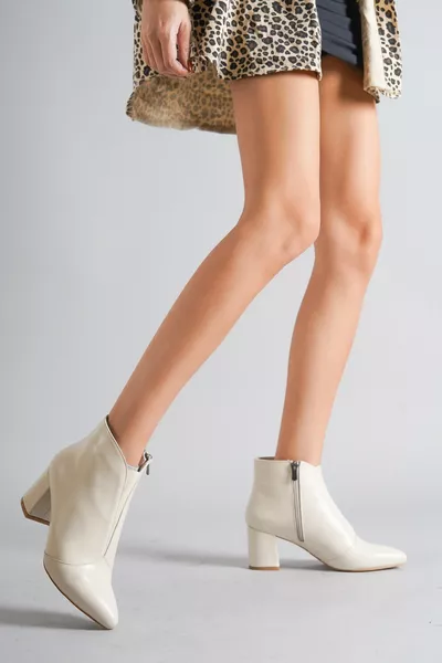 Echtes Leder Creme Damen Stiefeletten mit Absatz 