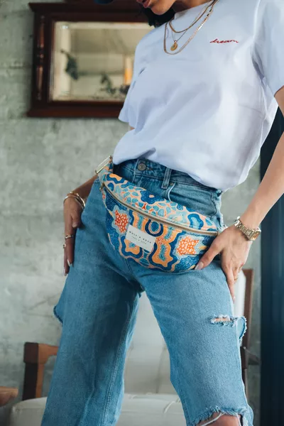 Wolf&Rock Gold Detaillierte Ethno-Muster Stoff Hüft- und Schultertasche