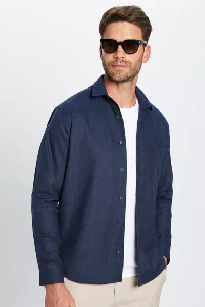 Erkek Regular Fit Klasik Kesim Pamuklu Tek Cepli Armürlü Kışlık Oduncu Lacivert Gömlek