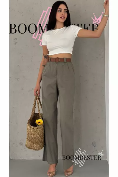 Damenhose aus rohem Leinen Palazzo mit elastischem Bund in Khaki