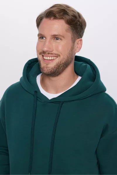 سويت شيرت بغطاء رأس أساسي باللون الأخضر، واسع الحجم للجنسين، من القطن بنسيج ناعم وطبقة داخلية مبطنة بالفرو