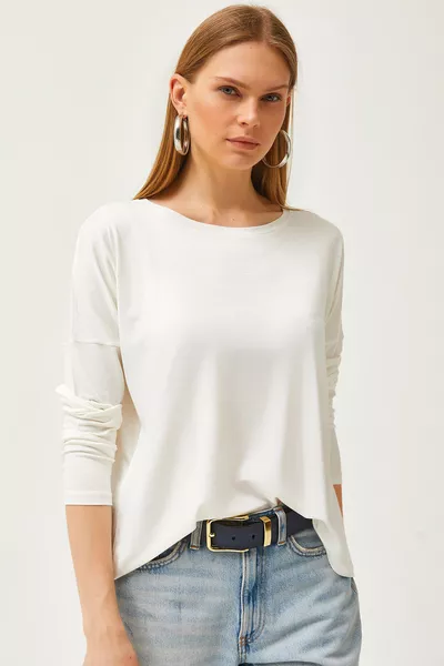 Women's White Batwing Draped Viscose Blouse with Round Neck 