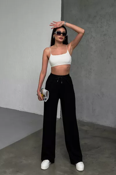 Damen Schwarze Modal Stoff Weite Hosen Hohe Taille Palazzo Jogginghose mit Kordelzug