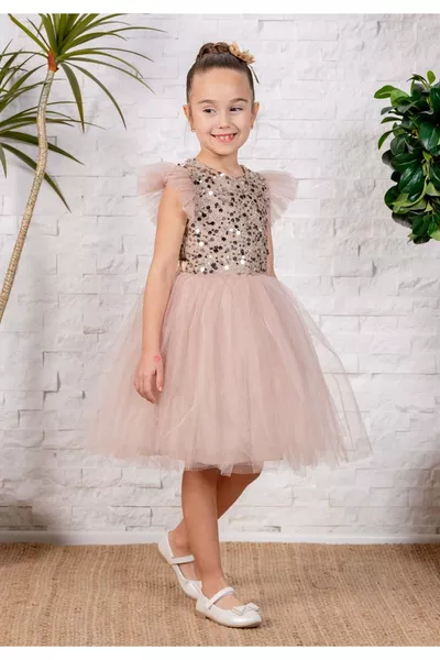 فستان بناتي من التول من مجموعة Kpl موديل  باللون البني