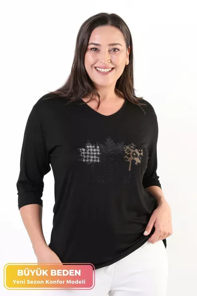 Plus Size New Season Comfortable Model Leaf Pattern Stone Print Half Sleeve Mother 4 Seasons Blouse