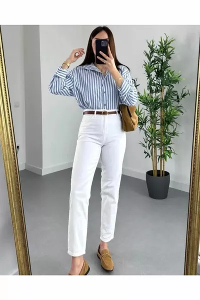 Jean mom en denim blanc confortable à taille haute pour femme des années  avec stretch