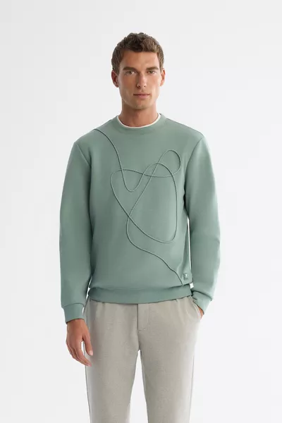 Sweat-shirt régulier en coton brodé pour homme, col rond, vert menthe 