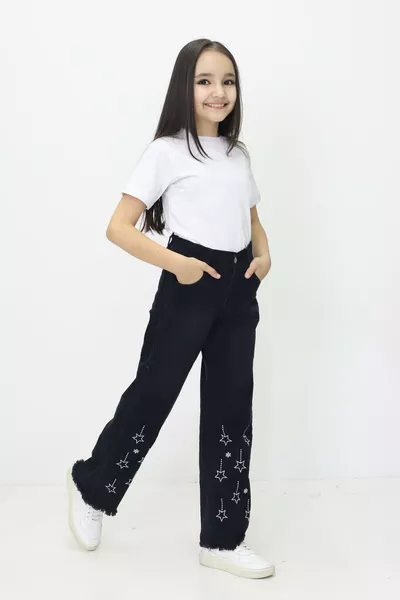 Girls' Wide-Leg Jeans with Star Embroidery and Fringed Hem Detail (Ages )