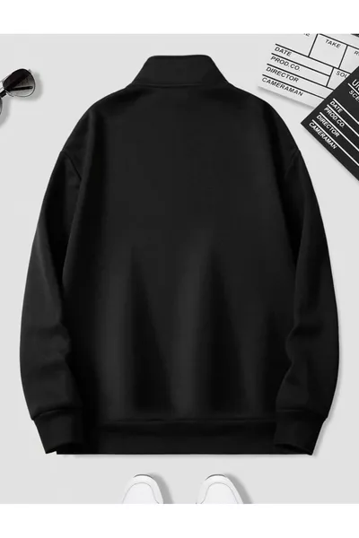 Black Unisex Sweatshirt with Half-Zip and Stand Collar