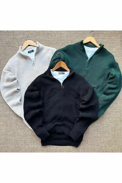 طقم 3 قطع للرجال، سترة صوفية برقبة نصف سوستة ومخططة