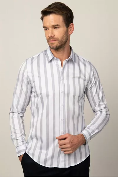 Slım Fit Uzun Kollu Baskılı Çizgili Desenli Erkek Beyaz Gömlek
