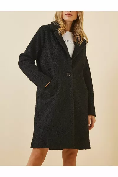 Dames Enkelvoudig Geknoopte Zwarte Bouclé Mantel